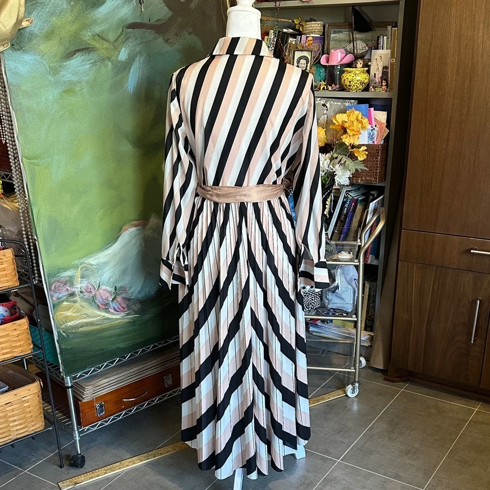 Mango Black and Cream Striped Long Sleeve Dress